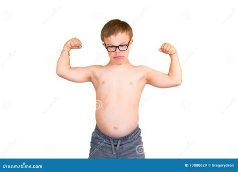 Boy With Downs Syndrome Flexing His Muscles Stock Image Image Of