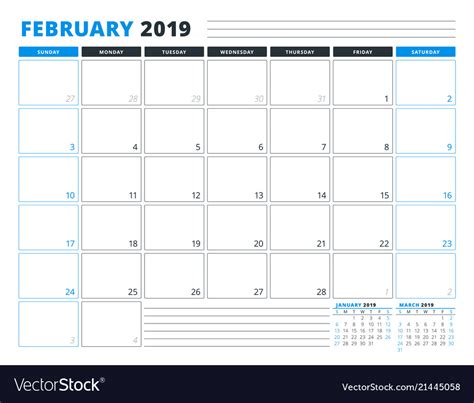 Calendar Template For February 2019 Business Vector Image