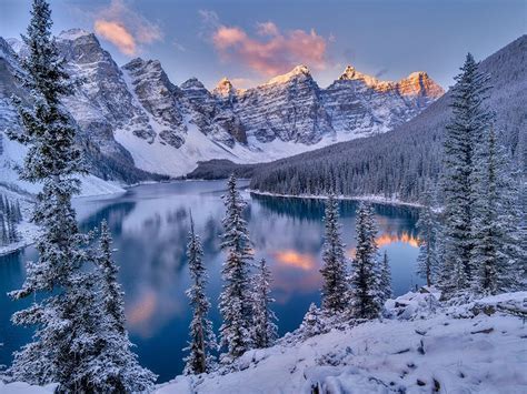 Sunrise And First Snow Of The Season On Moraine Lake Banff National