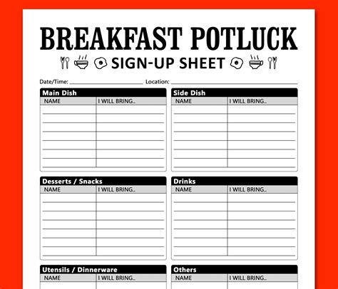 Breakfast Potluck Sign Up Sheet Printable Template Morning Celebration