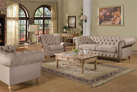 Shantoria Beige Linen Button Tufted Sofa Formal Living Room Sets