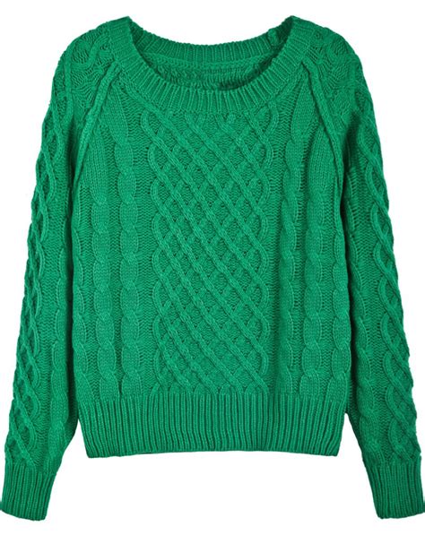 Green Long Sleeve Diamond Patterned Cable Knit Sweater Fashion Sewing