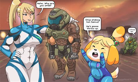 Zero Suit Samus And Isabelle Meet Mini Doom Guy Cant Wait To Play Metroid Dread And Get That