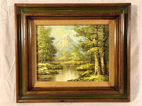 Vintage Framed Oil Painting Mountain Lake Forest Woods Pines Etsy