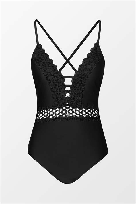 Lace Scalloped Lace Up One Piece Swimsuit