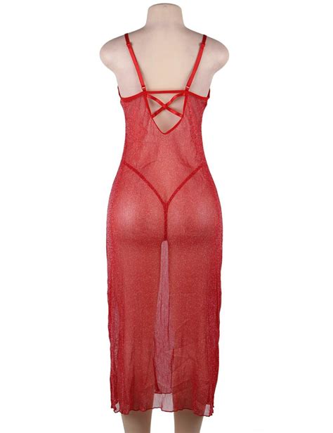 Plus Size Red Long Sheer Gauze Temptation Sexy Nightgown For Curvy
