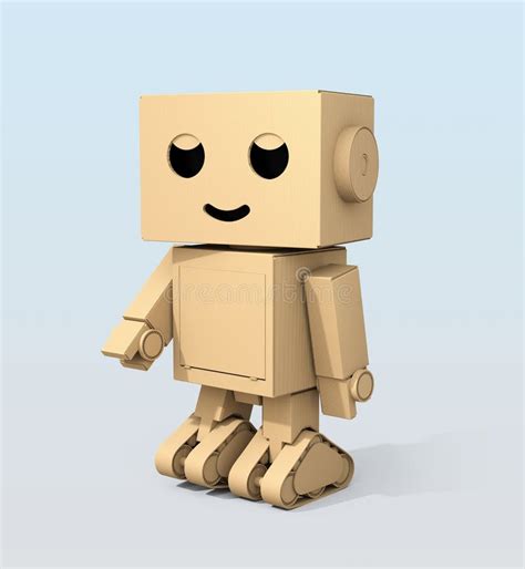 Cartoon Character Cute Cardboard Robot Isolated On Light Blue