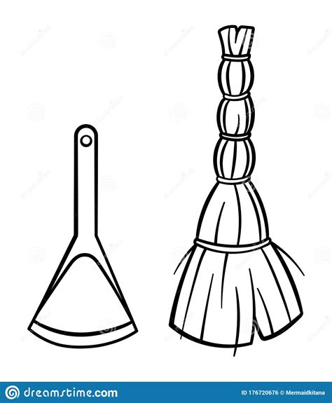Cartoon Isolated Besom And Dustpan For Cleaning In Black Lines On White