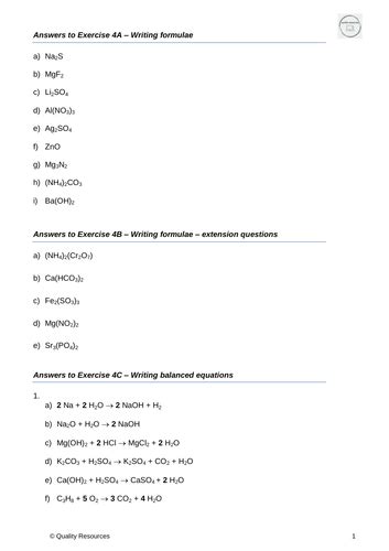 Formulae And Equations Ocr As Chemistry Teaching Resources