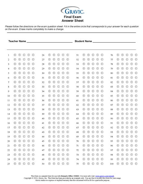 Final Exam 100 Question Test Answer Sheet · Remark Software