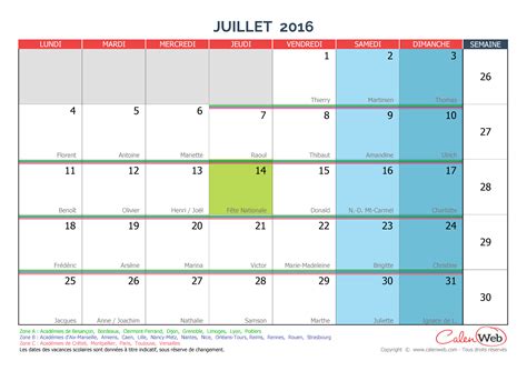 Calendrier Mensuel Mois De Juillet 2016 Avec Fêtes Jours Fériés Et