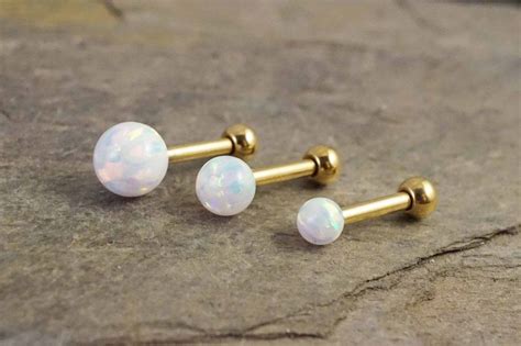 White Fire Opal Gold Stud Cartilage Earring Tragus Helix Piercing