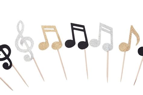 Music Themed Cupcake Toppers With Gold And Silver Glitter On Sticks