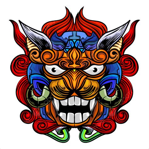 Mask Art Illustration In The Form Of A Lion Barong Dragon Logo Dragon