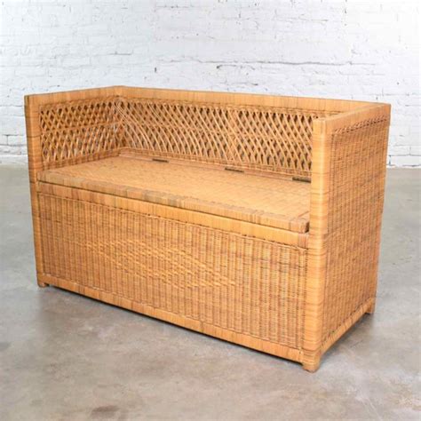 Vintage Modern Wicker Bench Settee With Trunk Style Storage Chairish