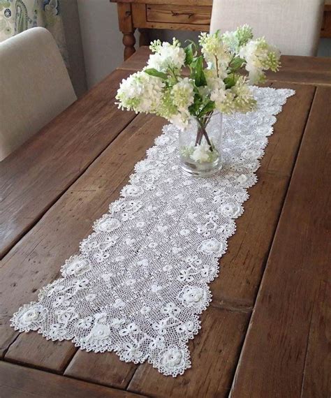 incredible antique irish crochet lace table runner 46x11 3 d roses shamrocks lace table