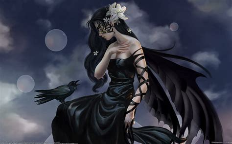 Beautiful Dark Lady Woman In Black Dress And Masquerade And Crow Anime