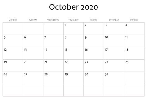 October 2020 Calendar Pdf Word Excel Template