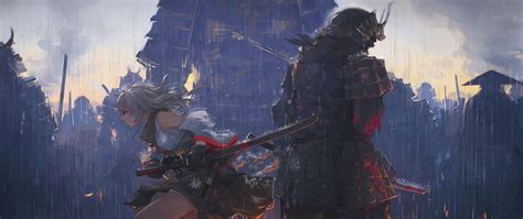 Wallpaper Artwork Samurai Sword Anime Girl Battle Raining