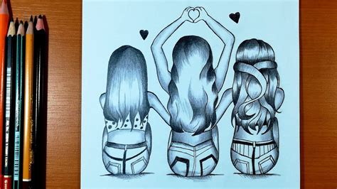 Drawing Best Friends Pencil Sketch How To Draw Three Friends Hugging