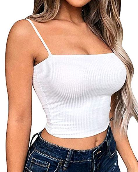 YMDUCH Women S Sexy Crop Top Stretch Spaghetti Strap Ribbed Knitted