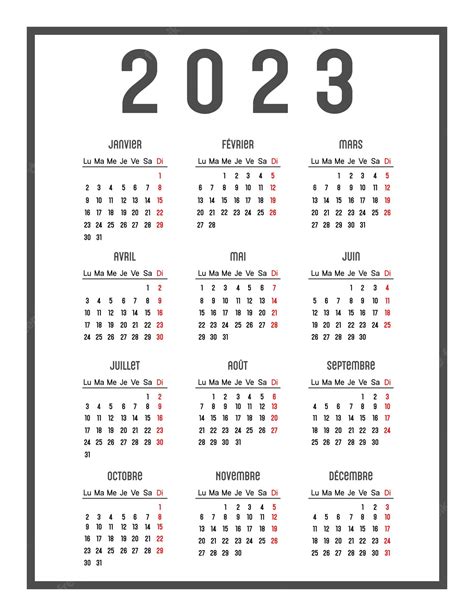 Calendario De 2023 En Francés Los Días De La Semana Están En La Parte