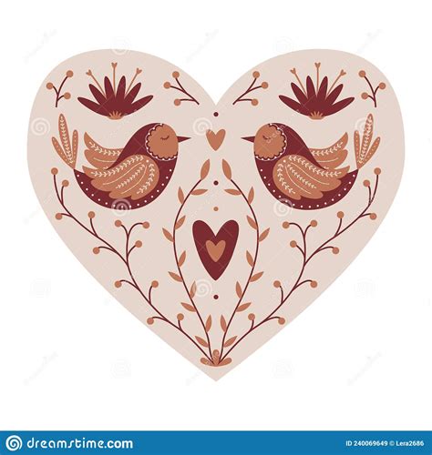 Symmetrical Mystical Heart With Birds Twigs Hearts Decorative