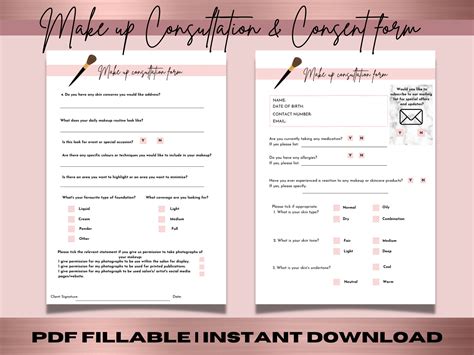 Makeup Consultation Form Photo Release Form Pdf Fillable Form Make Up Artist Form Printable