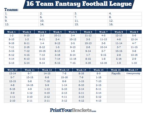 Printable 16 Team Fantasy Football League Schedule