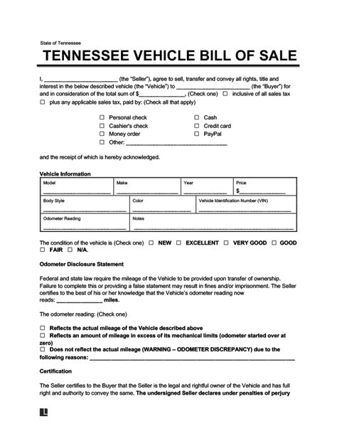 Free Tennessee Bill Of Sale Forms Pdf And Word