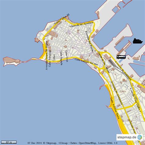 Streets names and panorama views, directions in most of cities. StepMap - Cadiz - Landkarte für Welt