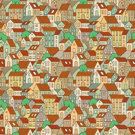 Hand Drawn Seamless Pattern With Town Houses And Trees Stock Vector
