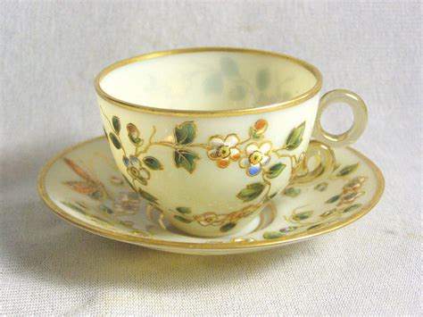 Vintage Moser Enameled Opaline Glass Cup And Saucer Insects Tea Cups Tea Cups Vintage Tea