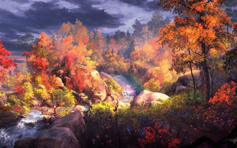 Fantasy Painting Beautiful Forest In Autumn Season