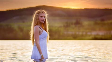 Wallpaper Sunlight Landscape Women Model Blonde Sunset Long Hair White Dress Morning