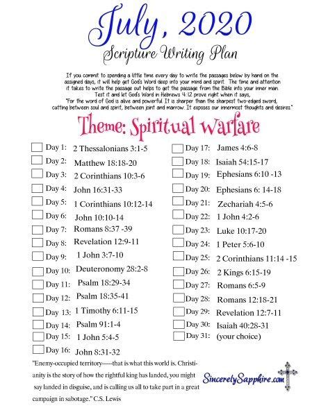 July 2020 Scripture Writing Plan Spiritual Warfare Sincerely
