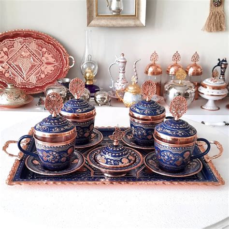 Turkish Copper Tea Set Blue Tea Pot Copper Tea Cups Ottoman Etsy