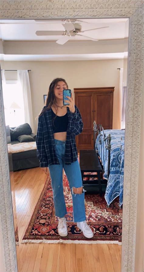 Casual Blue Fit 💍 Flannel Top Outfit Cute Flannel Outfits Ripped
