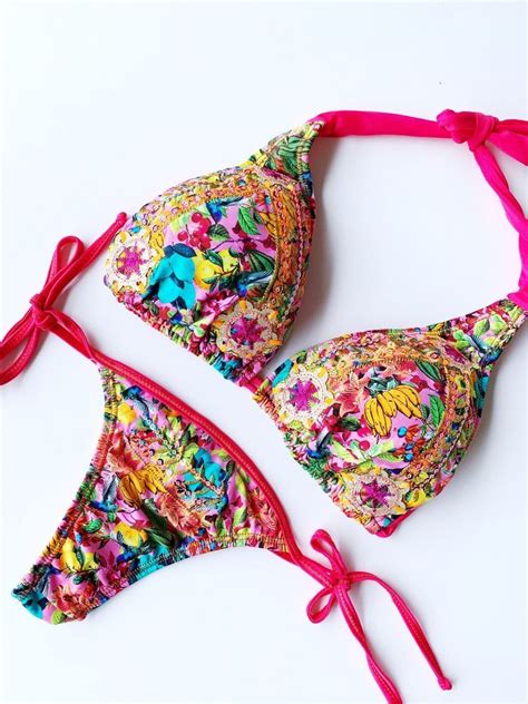 New Pink Tropical Fruits Hand Beaded Colombian Bikini Set Ebay Colombian Bikini Bikinis