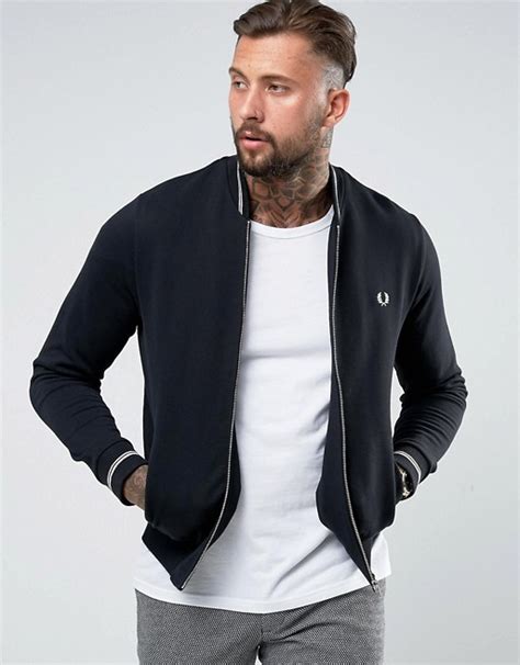 Fred Perry Tipped Bomber Neck Sweat Jacket In Black Asos