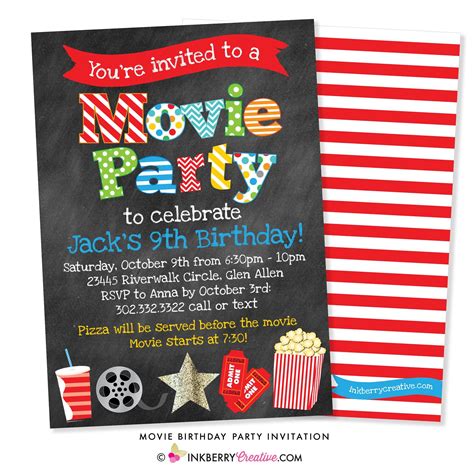 Movie Birthday Party Invitation Chalkboard Style Movie Birthday Party