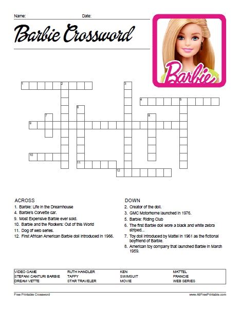 Barbie Crossword Puzzle Free Printable