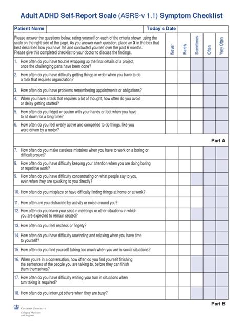 Adult Adhd Self Report Scale Asrs V 11 Symptom Checklist Pdf