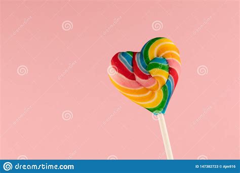 Lollipop Big Heart Shaped Rainbow Colored Lollipop Isolated On Pink
