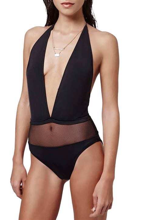 Topshop Plunging Halter Swimsuit With Sheer Mesh Panel Nordstrom