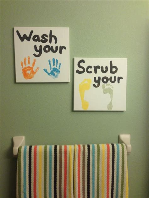 When it comes to kids bathroom ideas the key is to make your kids bathroom décor fun and inviting, as well as practical and simple. Kids bathroom art idea...must do. I need to have Sawyer do ...
