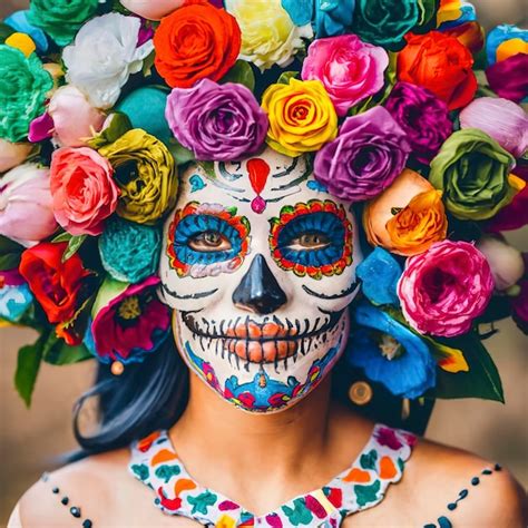 Máscara De Calavera Katrina Mexicana Decorada Con Flores Típicas Del