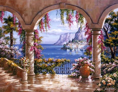 Floral Patio I By Sung Kim ~ Mediterranean Coast Pintura Em Telas