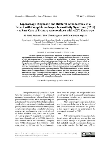Pdf Laparoscopy Diagnostic And Bilateral Gonadectomy In A Patient