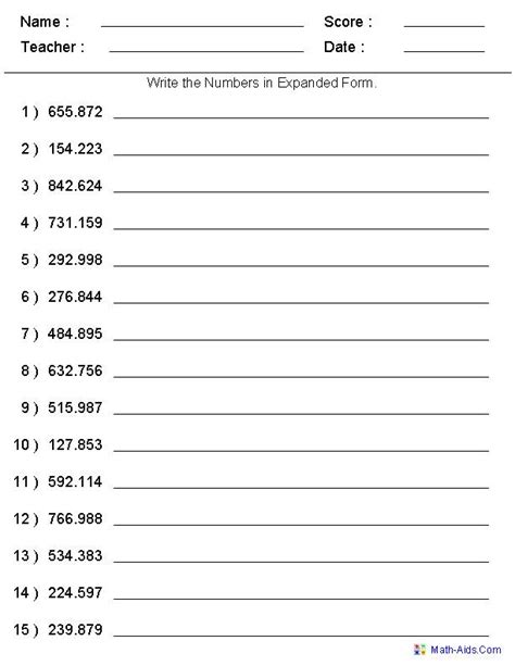 Writing Decimal Numbers In Expanded Form Worksheets Free Printable